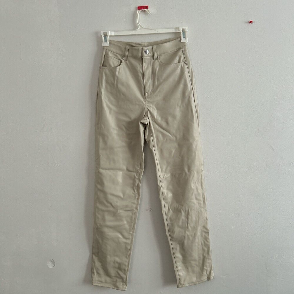 Divided‎ H&M Faux Leather High Waist Straight Leg Pants Cream Beige Size 34